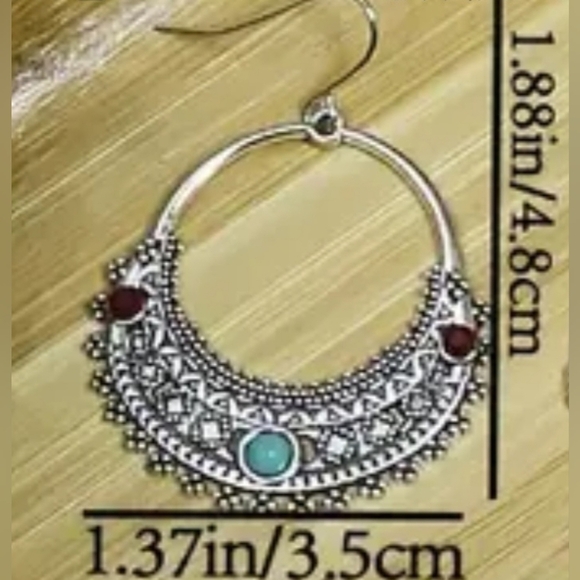 Ancient Silver Color Turquoise Boho Style Dangle Earrings - Picture 2 of 3